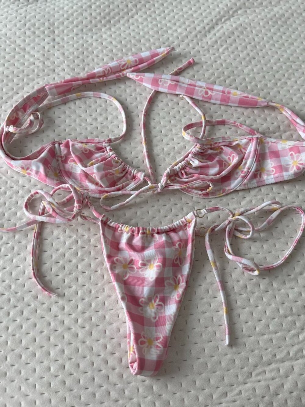 KHASSANI BIKINI SET GINGHAM PINK FLOWER VICHY XS
